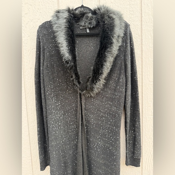 White House Black Market Black Fur-Trimmed Cardigan - Picture 2 of 3